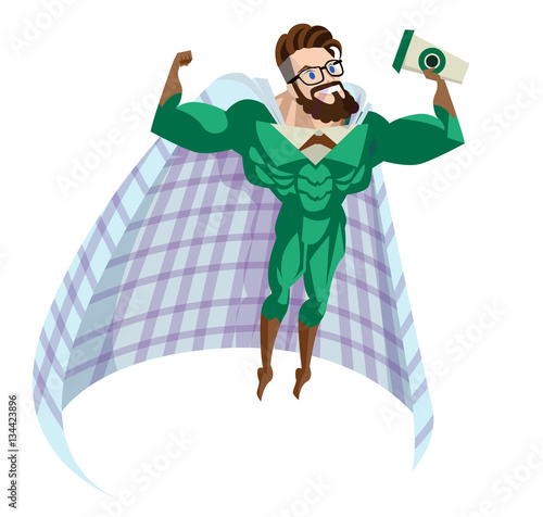 muscle hipster millenial barista superhero with coffee
