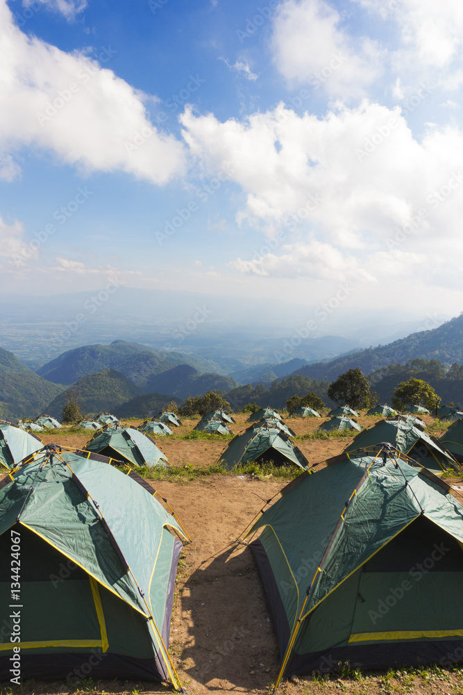 Many Tents on the mountain and blue sky view
