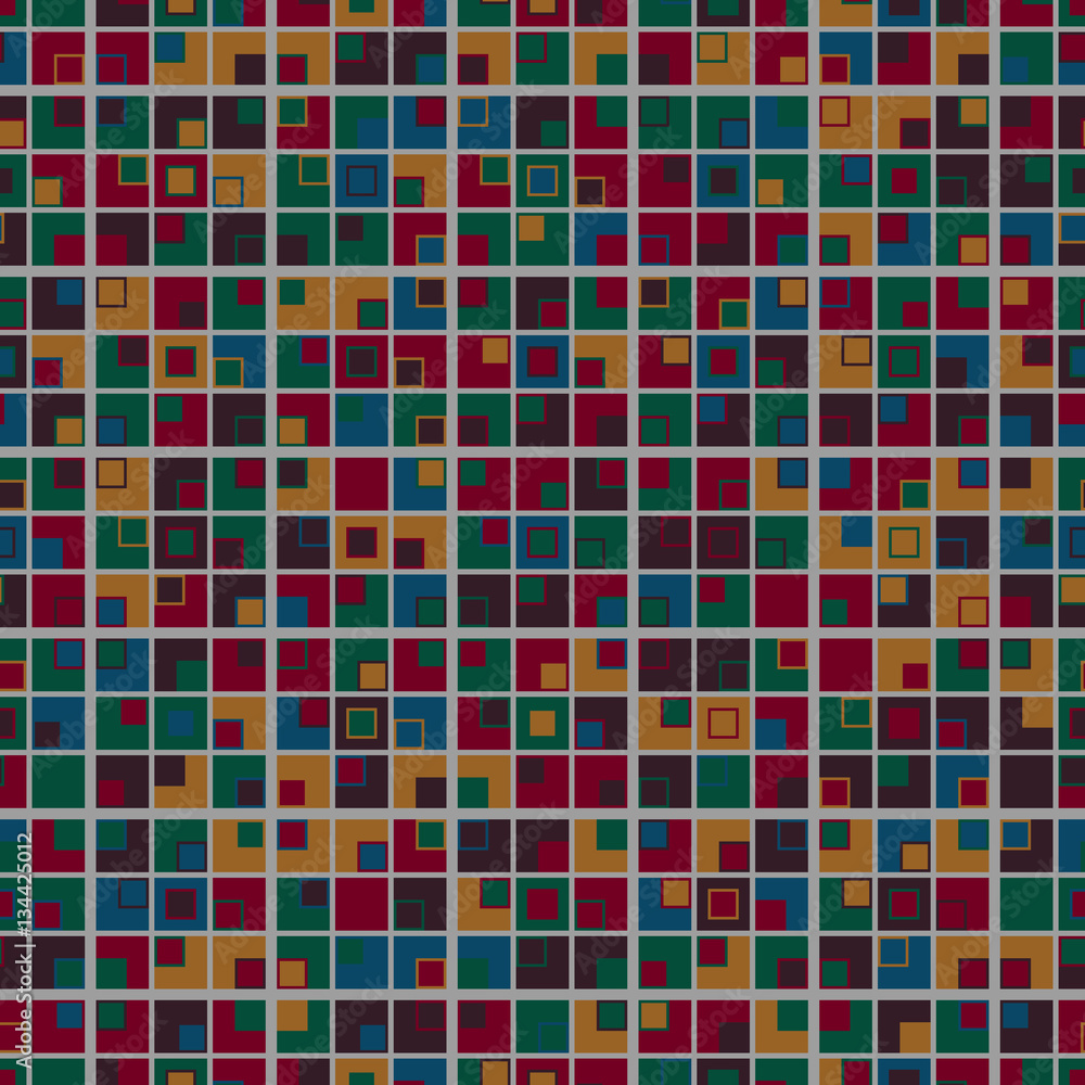 Geometric mosaic seamless pattern. The multicolored squares are arranged on a light gray background. Useful as design element for texture, pattern and artistic composition. Geometric mosaic seamless pattern. The multicolored squares are arranged on a light gray background. Useful as design element for texture, pattern and artistic composition.
