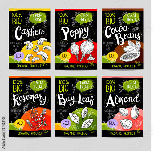 Set of hand drawn labels food, spices.