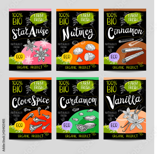 Set of hand drawn labels food, spices.