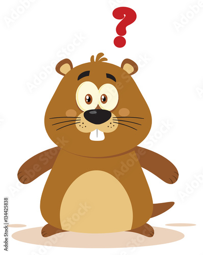 Cute Marmot Cartoon Mascot Character With Question Mark. Illustration Flat Design Isolated On White Background