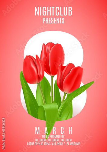 Pink party poster for Women's Day. Beautiful flyer with red tulip. Vector illustration. Invitation to nightclub.
