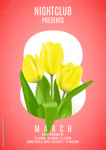 Pink party flyer for Women's Day. Beautiful poster with yellow tulip. Vector illustration. Invitation to nightclub.