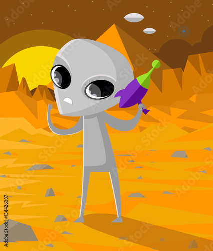 grey martian alien on mars with raygun and pyramid with ufos
