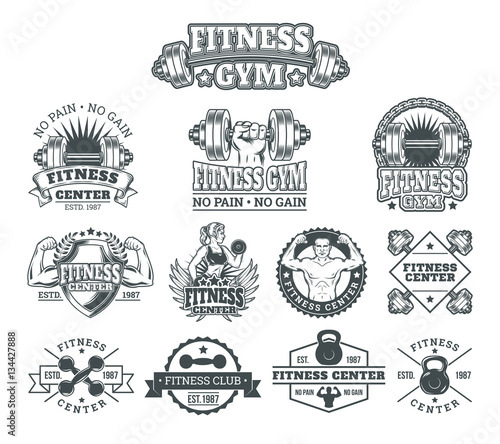 Set bodybuilding badges, stickers isolated on white.