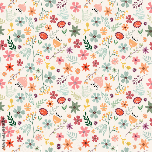 Floral seamless pattern with hand drawn flowers and plants