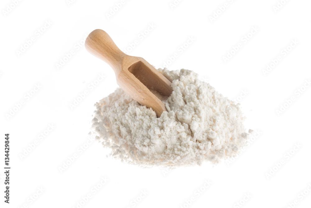 flour with wooden scoop isolated on white background Stock Photo