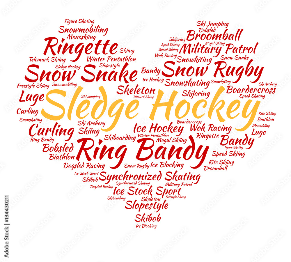 Sledge hockey. Word cloud, heart, italic font, white background. Love of sport. Sledge hockey. Word cloud, heart, italic font, white background. Love of sport.