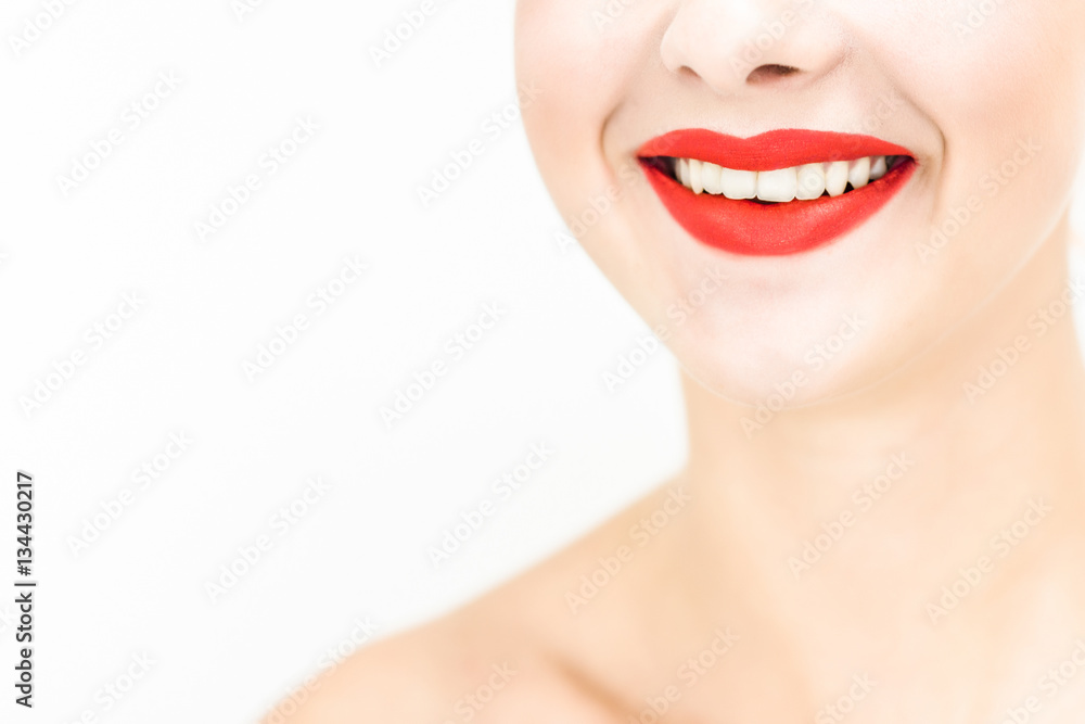 Close-up smile. Red lipstick. Space for text Close-up smile. Red lipstick. Space for text