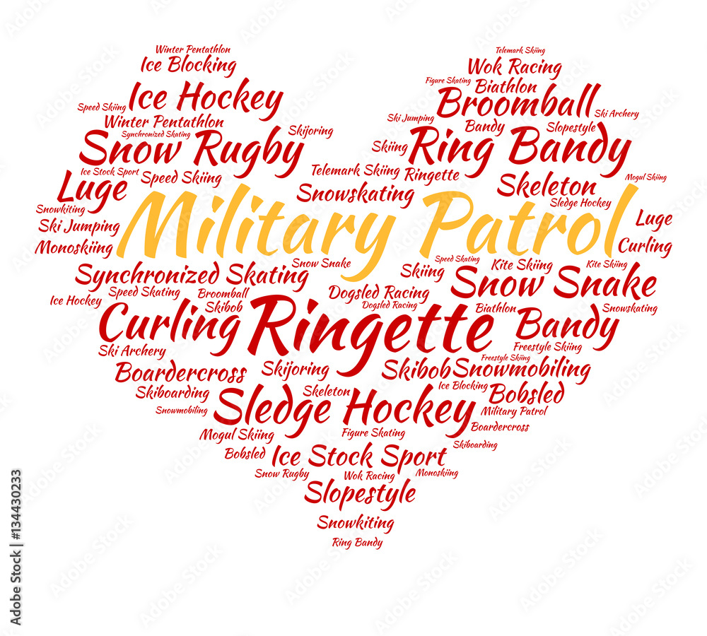 Military patrol. Word cloud, heart, italic font, white background. Love of sport. Military patrol. Word cloud, heart, italic font, white background. Love of sport.