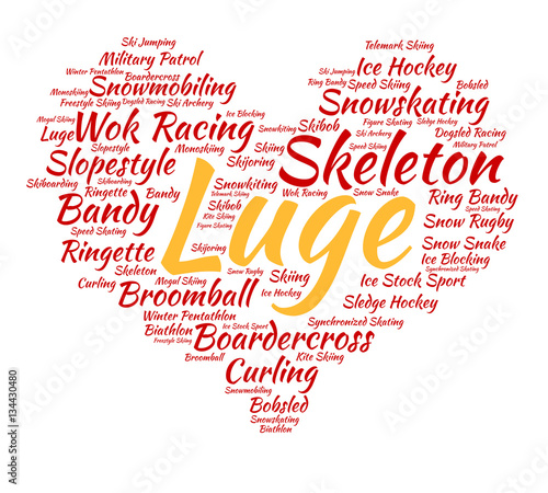 Luge. Word cloud, heart, italic font, white background. Love of sport.