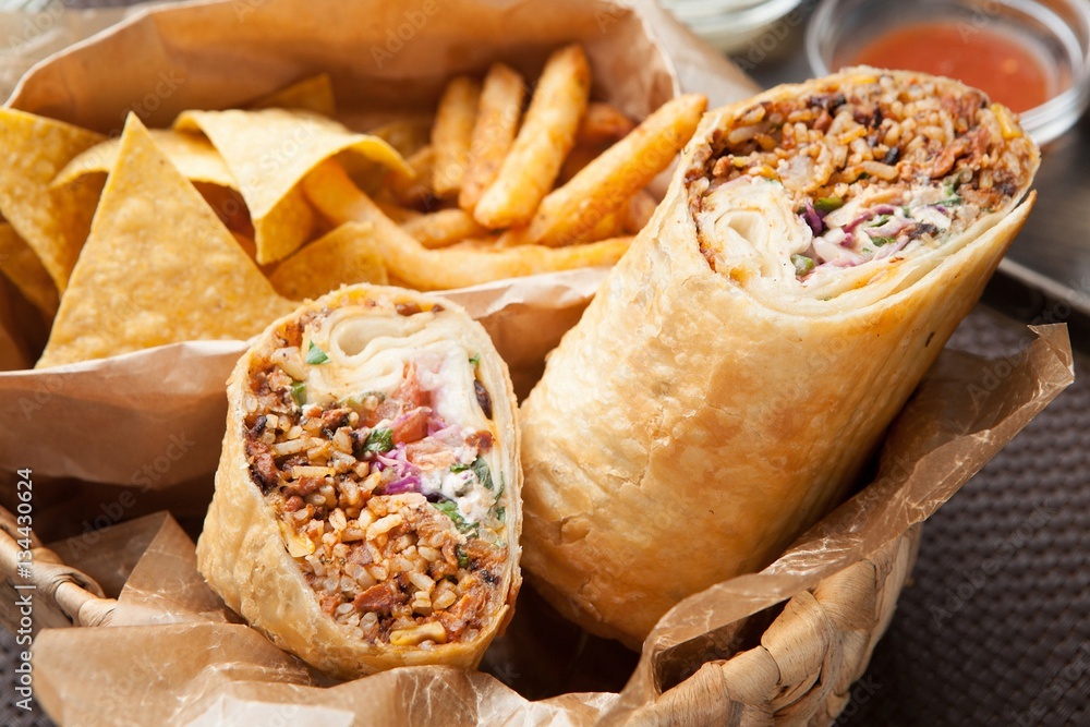 Naklejka Burrito on table - burrito, pieprz, kanapka, fototapety | Foteks