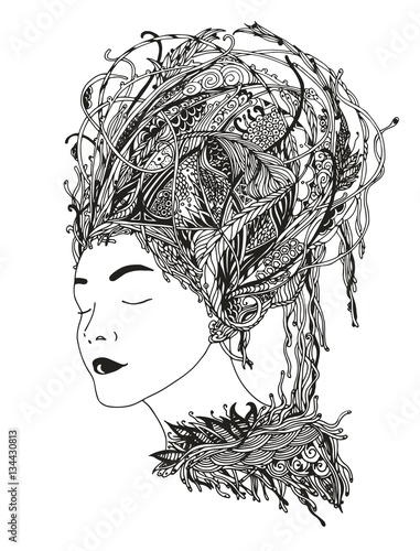 Abstract beautiful hand-drawn woman. Vector illustration portrait of the girl with unusual hair.