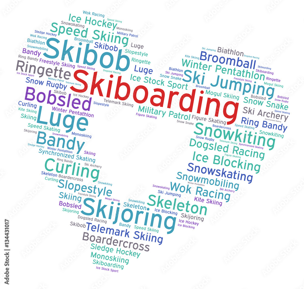 Skiboarding. Word cloud, heart inside heart, italic font, white background. Love of sport. Skiboarding. Word cloud, heart inside heart, italic font, white background. Love of sport.