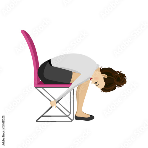 Pretty woman in business clothes is doing exercises for back on