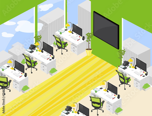  isometric office open-plan room with detailed personal workplac