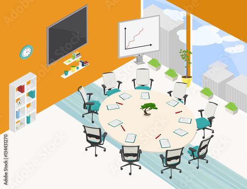 isometric big meeting room with round table, office chairs and o