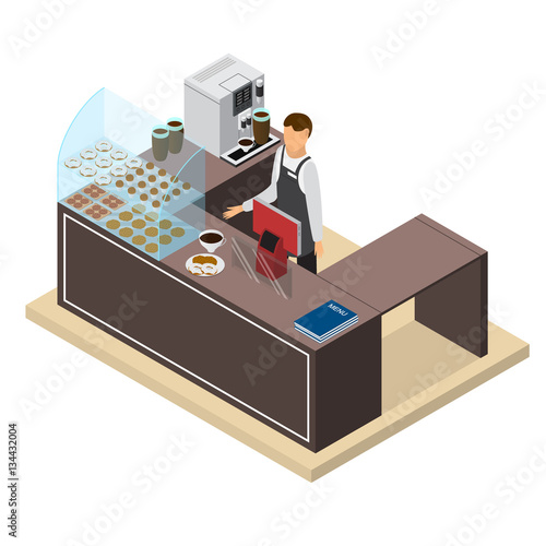 Coffee Shop or Bar Counter and Barista Isometric View. Vector
