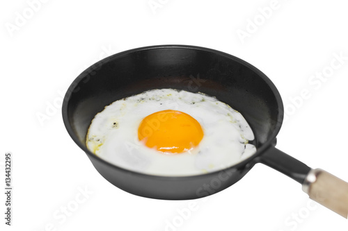 Fried egg in a frying pan isolated white background.