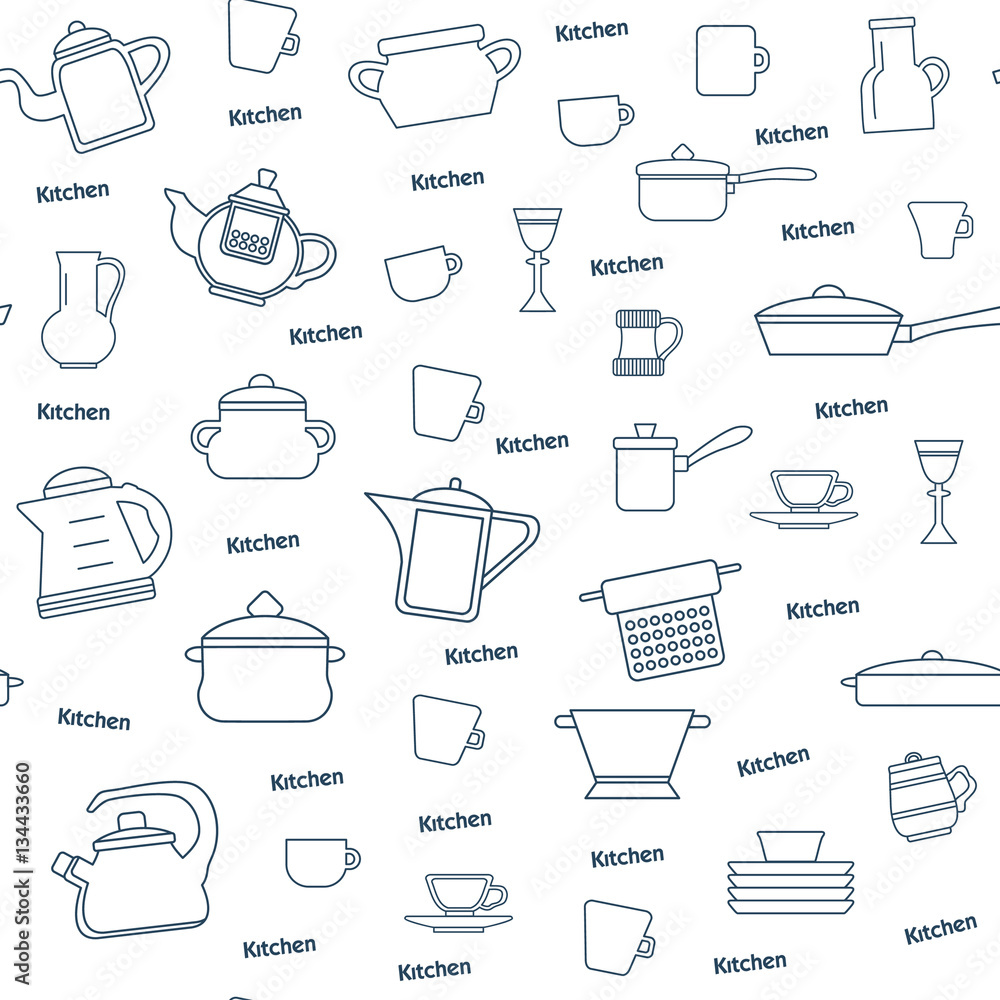 Seamless pattern of kitchen utensil. Line kitchen icons