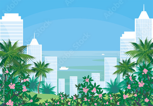 Abstract image of the southern seaside city. A city landscape with high-rise buildings, tropical plants and a view of the sea. Vector background.