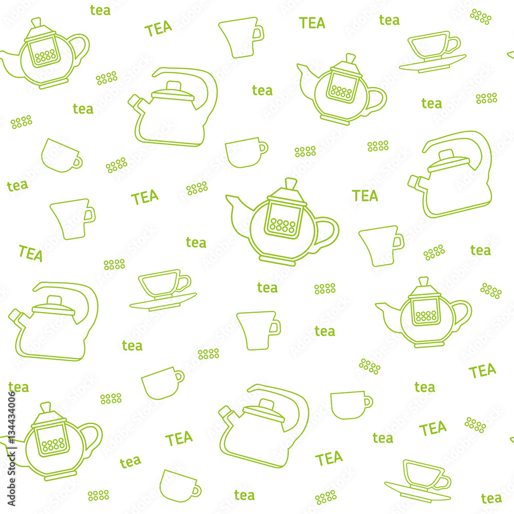 Seamless pattern from teapot, tea cups, tea on white background. Line kitchen icons Seamless pattern from teapot, tea cups, tea on white background. Line kitchen icons