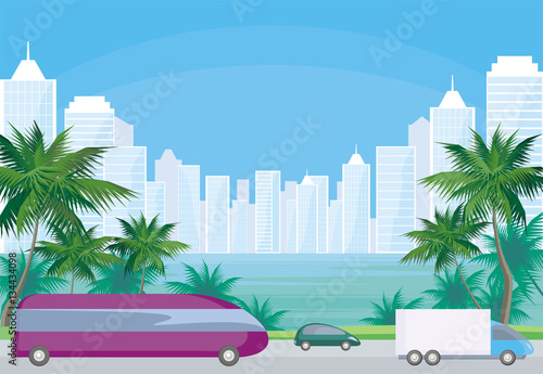 Abstract image of the southern seaside city. A city landscape with high-rise buildings, tropical plants and a view of the sea. Vector background.