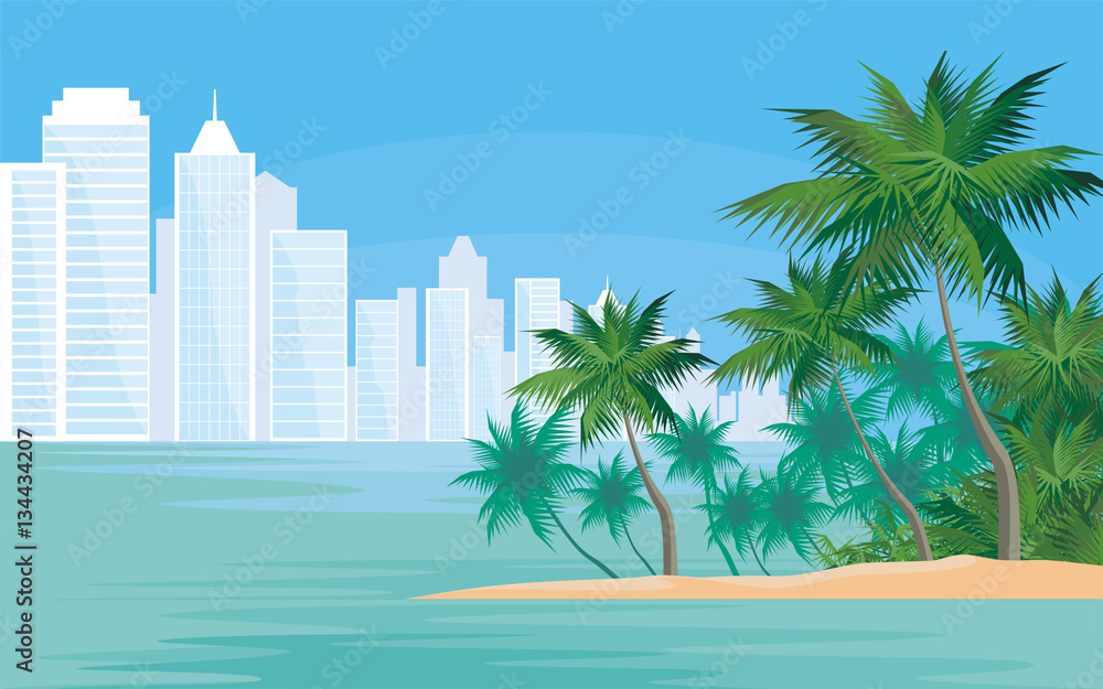 Abstract image of the southern seaside city. A city landscape with high-rise buildings, tropical plants and a view of the sea. Vector background.