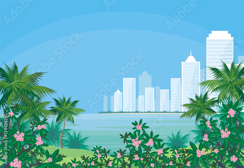 Abstract image of the southern seaside city. A city landscape with high-rise buildings, tropical plants and a view of the sea. Vector background.