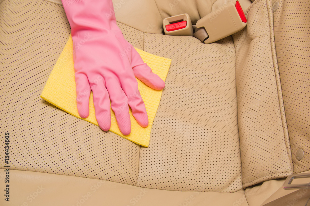 Car interior leather seats professionally chemical cleaning with cloth