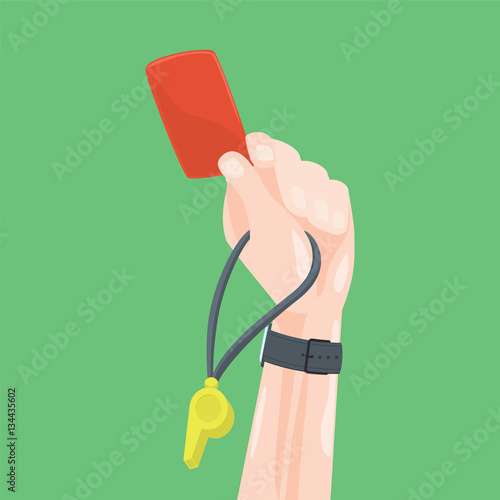 Soccer / Football Referee Hand With Red Card Whistle. Cartoon Style Vector Illustration.