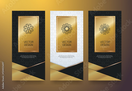 Vector set packaging templates black golden labels and frames for luxury products in trendy linear style,banner,tag,identity, branding,vector illustration