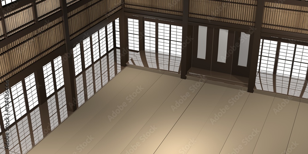 Obraz premium 3d rendered illustration of a traditional karate dojo or school with training mat and rice paper windows.