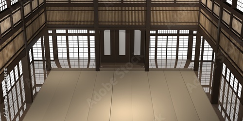 3d rendered illustration of a traditional karate dojo or school with training mat and rice paper windows.