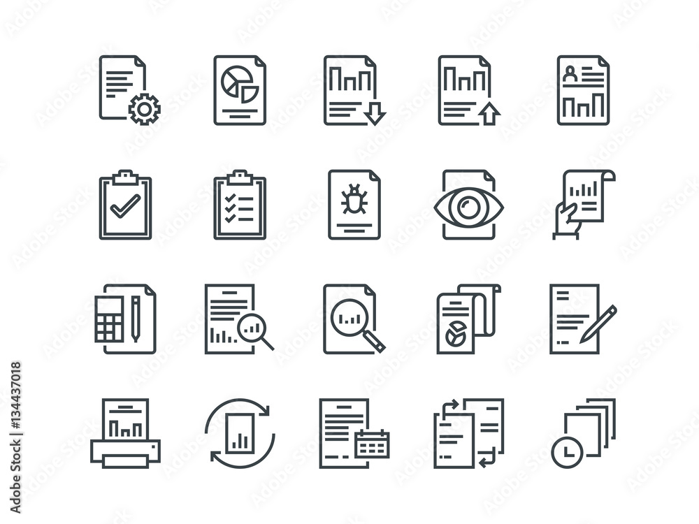 Report. Set of outline vector icons. Includes such as Auto Reports, Calculation, Settings, Generate and more. Report. Set of outline vector icons. Includes such as Auto Reports, Calculation, Settings, Generate and more.