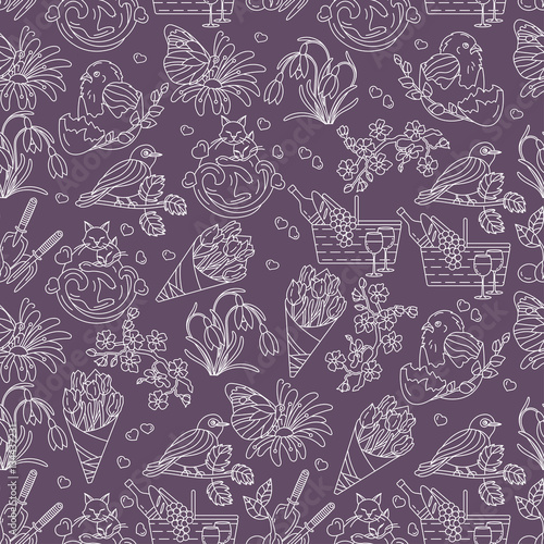 Spring thin line seamless pattern with vector icons. © trihubova