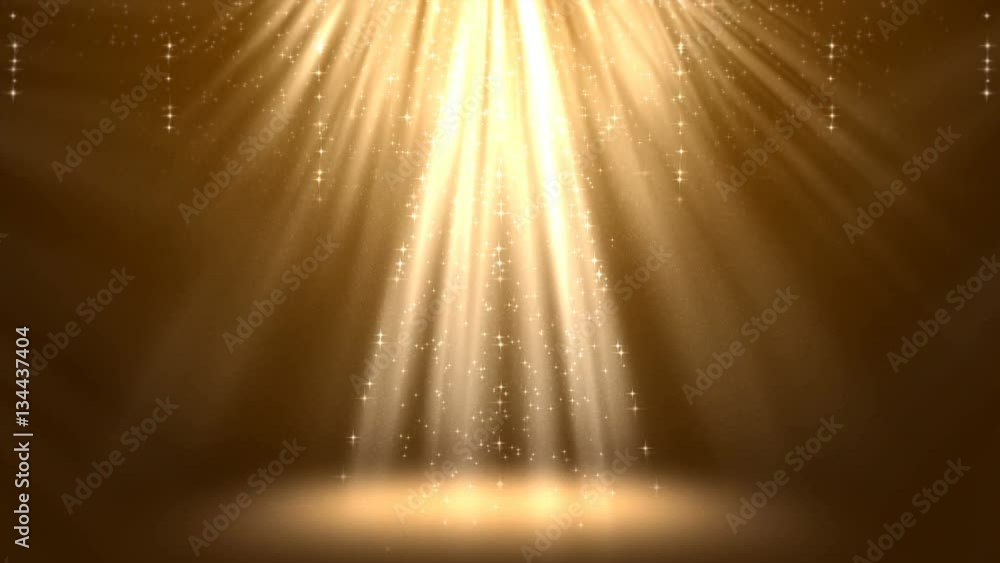 Magic gold light rays with particles animation. Seamless loop abstract background.