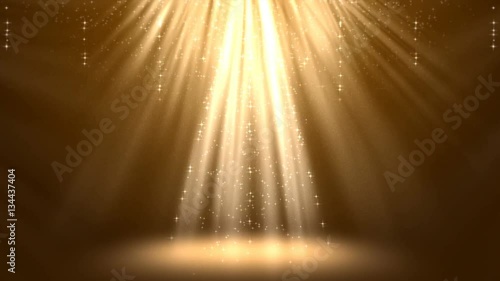 Magic gold light rays with particles animation. Seamless loop abstract background.