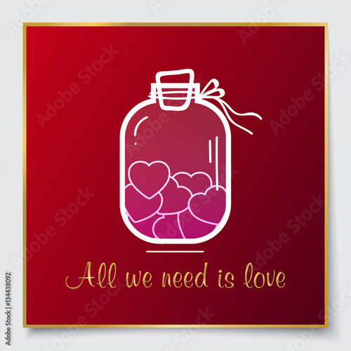 Hearts in glass jar. Vector art for save the date card, wedding invitation or valentine's day card