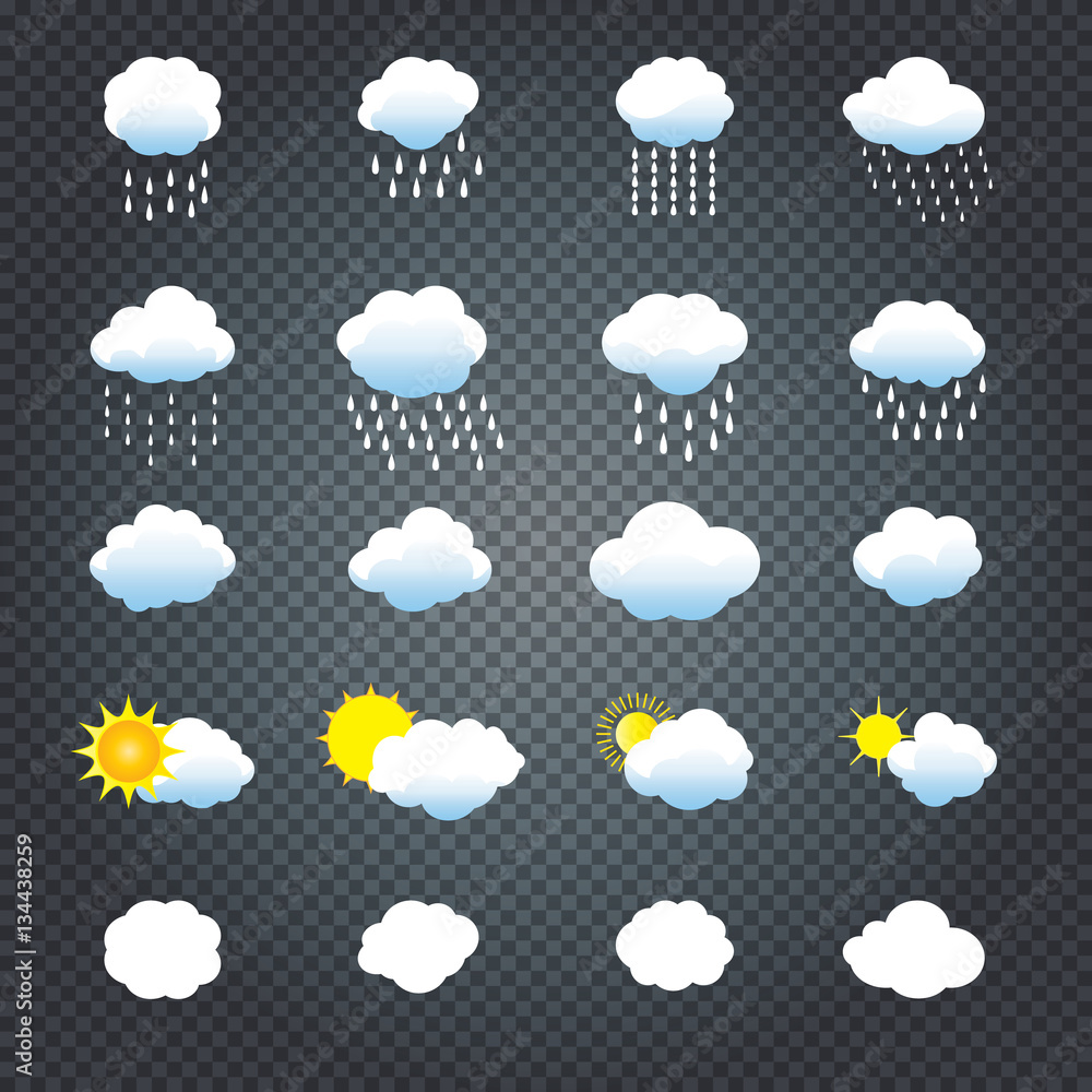 Cloud, Cloud rain, Sun vector icon set on transparent background ...