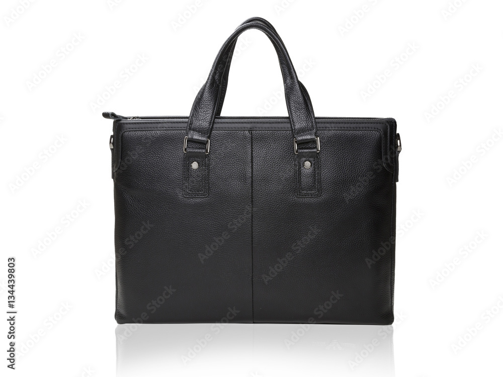 Modern black leather men casual or business briefcase isolated on white background. Black leather briefcase. Modern black leather men casual or business briefcase isolated on white background. Black leather briefcase.