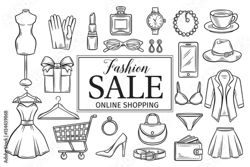 Hand drawn fashion online shop icons set.