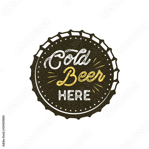 Vintage style beer badge. Ink stamp monochrome design. Cold beer here sign. Letterpress effect for t shirt printing, logotype, signage. Vector isolated on white background