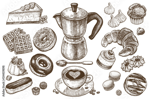 Tapety Kawa i desery wektor zestaw ilustracji. Karmowi elementy odizolowywający na białym tle. Dzbanek do kawy, filiżanka i łyżka. Ciasta, ciastka, babeczki, pączki, ciasta, słodycze w stylu vintage grawerowania.