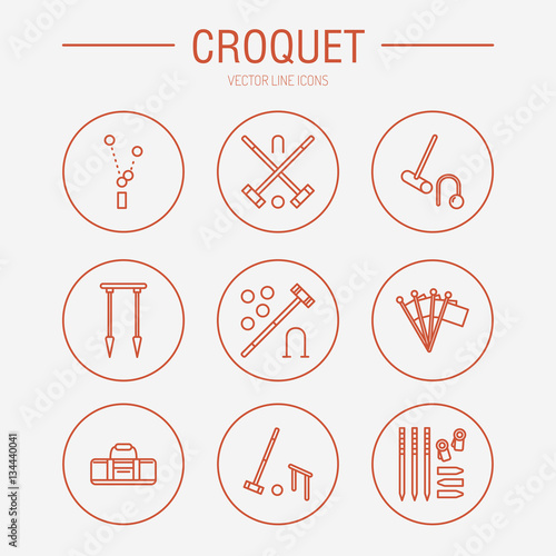 Croquet sport game vector line icons. Ball, mallets, hoops, pegs, corner flags. Garden, lawn activities signs set, championship pictograms with editable stroke for club, equipment store.