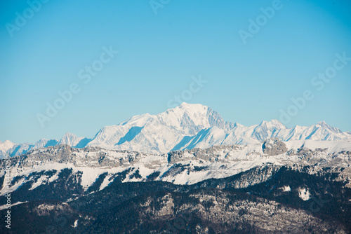 beautiful french alps winter panoramic view landscape with Mont Blanc landmark peak in the background
