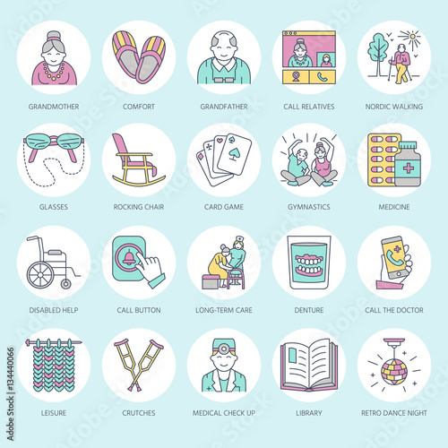 Modern vector line icon of senior and elderly care. Nursing home elements - old people, wheelchair, leisure, hospital call button, activities. Linear pictograms with editable stroke for site, brochure