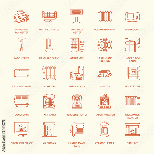 Oil heater, fireplace, convector, panel column radiator and other house heating appliances line icons. Home warming thin linear pictogram such as kotatsu, Russian oven. Equipment store signs.