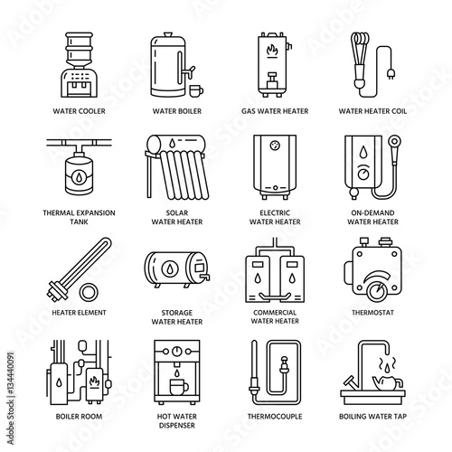 Water heater, boiler, thermostat, electric, gas, solar heaters and other house heating equipment line icons. Thin linear pictogram for hardware store. Household appliances signs.